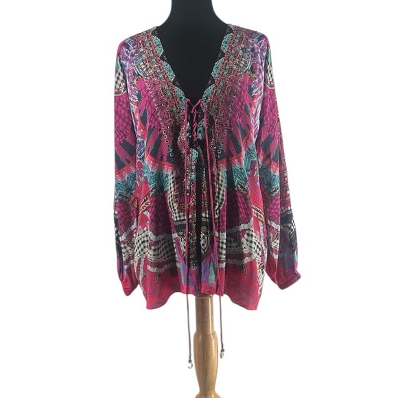 Camilla Desert Discotheque silk blouse lace-up heavily embellished boho sz 8 - Picture 3 of 13